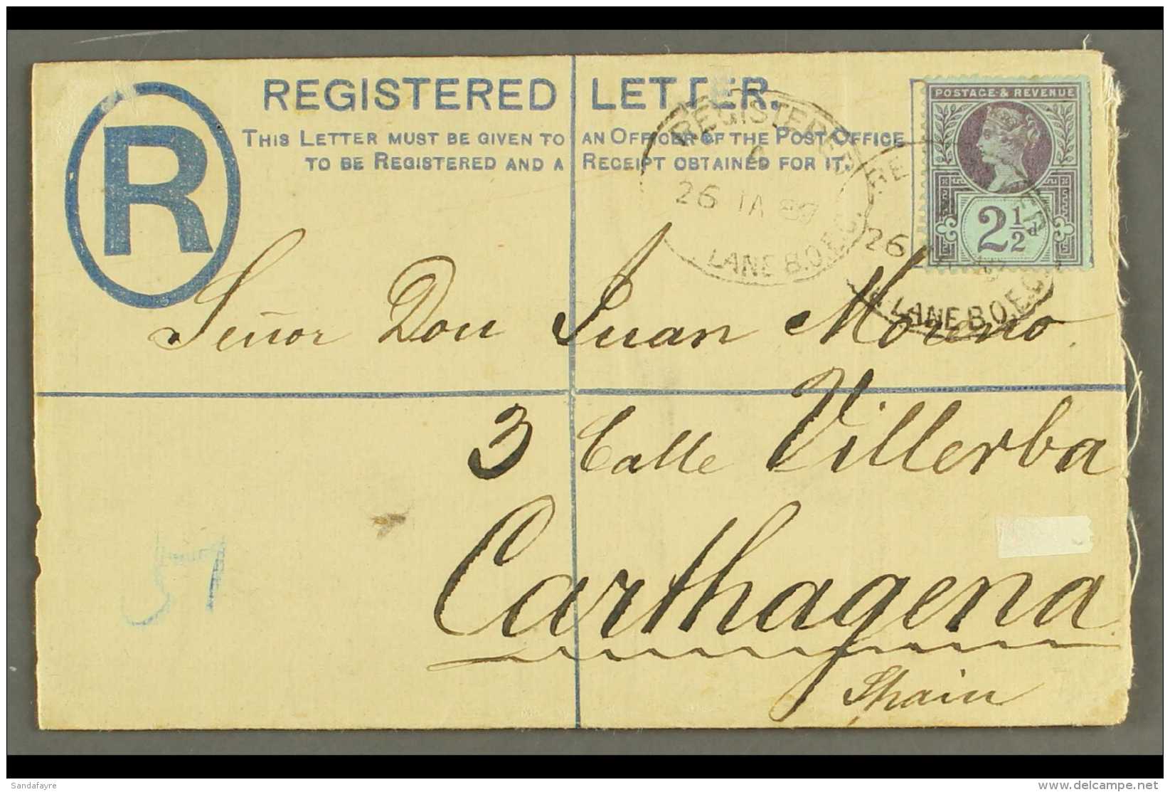 1887 INTACT REGISTERED COVER. 1887 (26 Jan) 2d Registered Stationery Envelope From London, England To Carthagena,... - Sonstige & Ohne Zuordnung