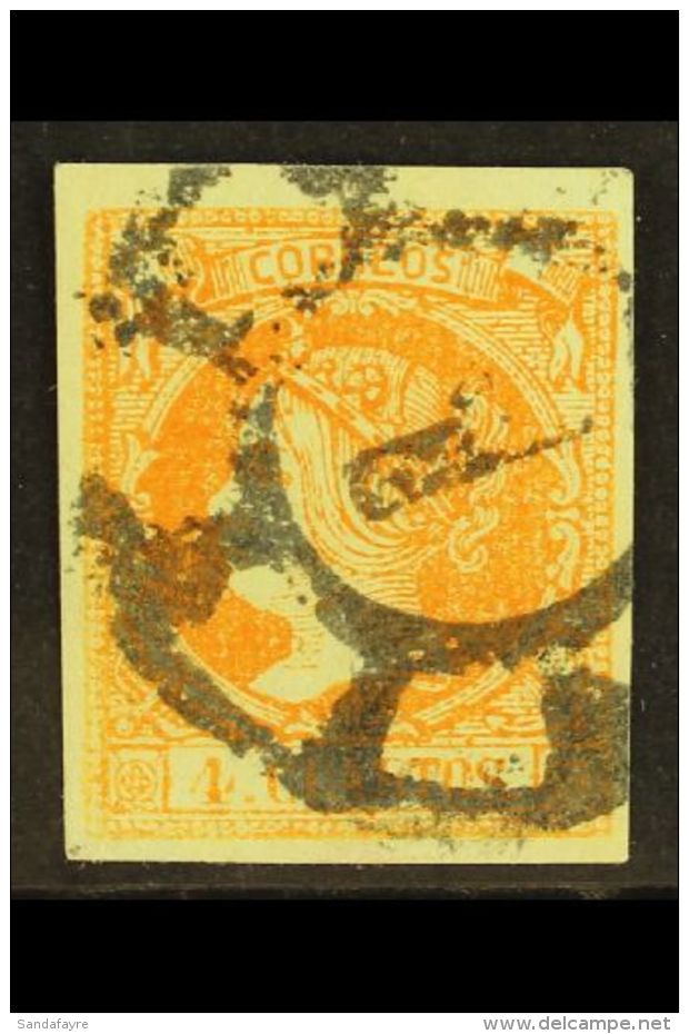1861-62 4c Orange On Greenish POSTAL FORGERY, Edifil 52F, Fine Used With "1" (Madrid) Cartwheel Postmark, Four... - Autres & Non Classés