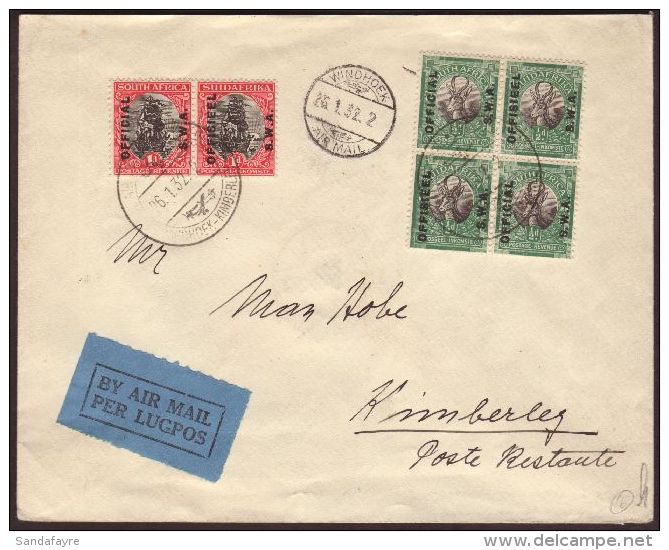 1932 1st Flight Windhoek - Kimberley Franked Official &frac12;d Block Of 4 And 1d (SG O9, O10), Tied By Special... - Südwestafrika (1923-1990)