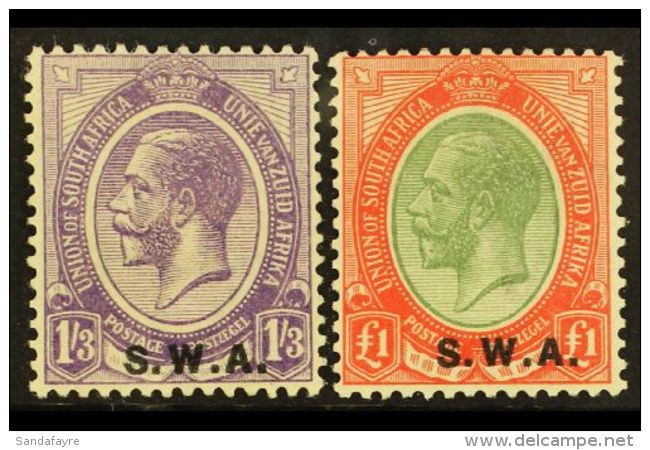 1927-30 1s3d Violet &amp; &pound;1 Pale Olive-green &amp; Red, SG 56/7, Fine Mint (2). For More Images, Please... - Zuidwest-Afrika (1923-1990)