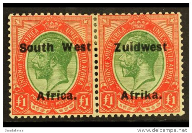 1923-6 Setting VI, &pound;1 Green &amp; Red, Bilingual Overprint Pair, SG 39, Mint, Heavier Hinge Mark. For More... - Südwestafrika (1923-1990)