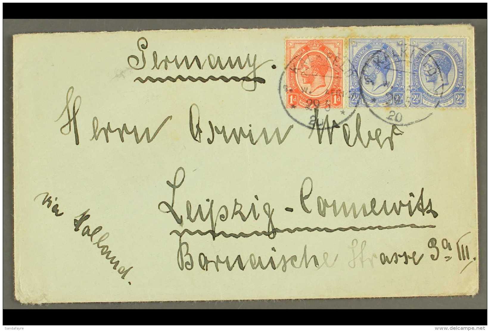 1920 (29 May) Env To Germany Bearing Union 1d Plus 2&frac12;d Pair Tied By Two "KALKFELD" Cds Postmarks, Putzel... - Afrique Du Sud-Ouest (1923-1990)