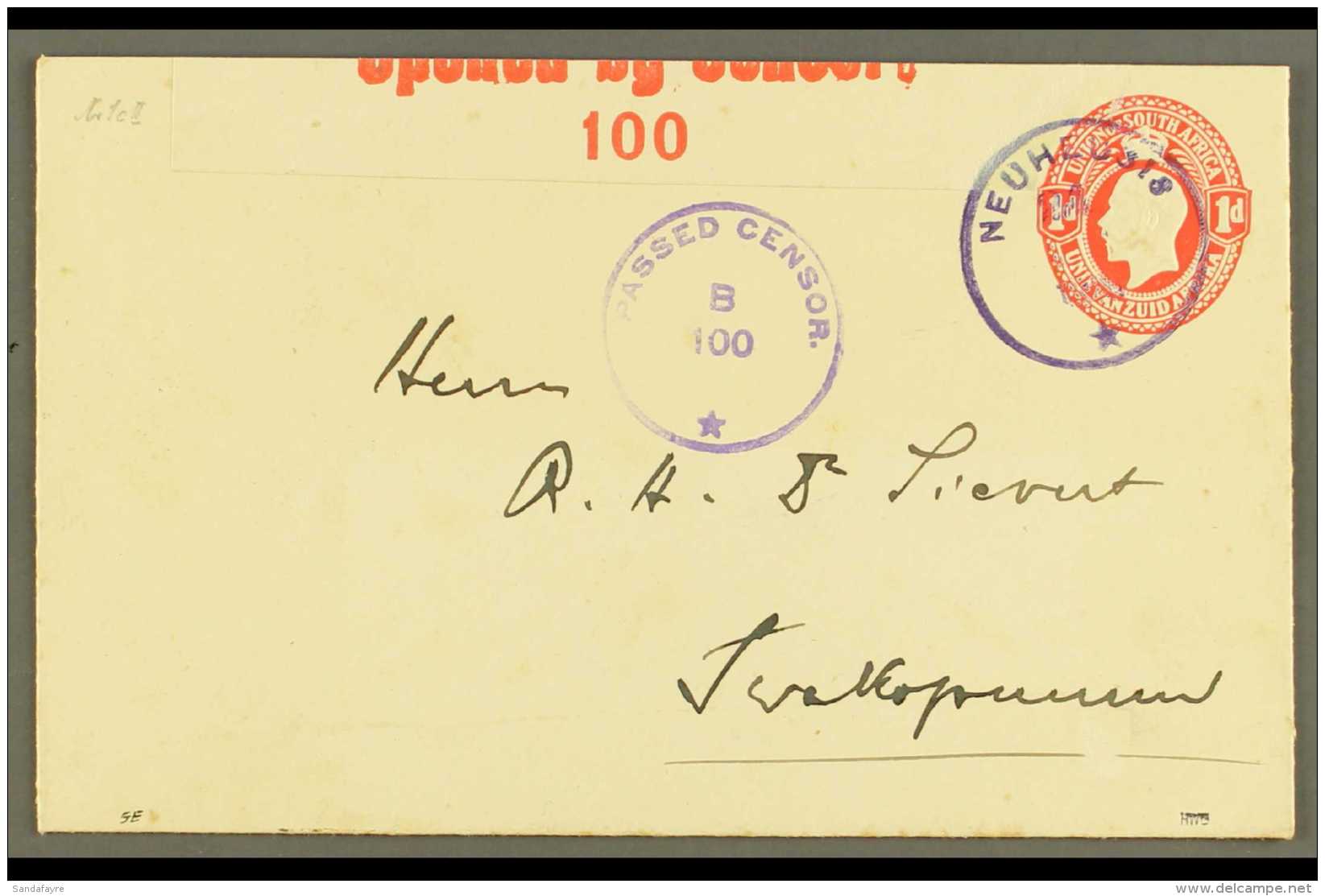 1918 (24 Jun) 1d Union Embossed Stationery Envelope To Swakopmund Cancelled By Very Fine "NEUHEUSIS" Violet Rubber... - Südwestafrika (1923-1990)