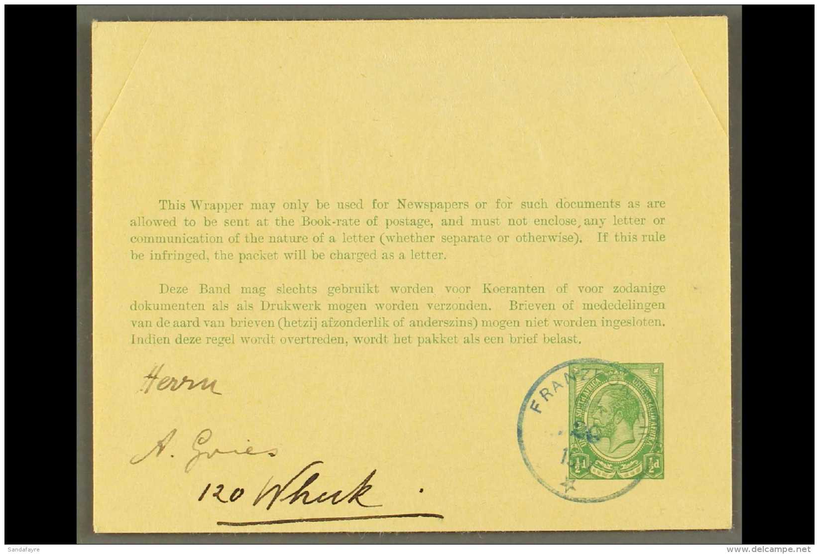 1917 (June) &frac12;d Green On Buff Postal Wrapper To Windhuk Showing A Very Fine "FRANZFONTEIN" Cds Postmark In... - Südwestafrika (1923-1990)