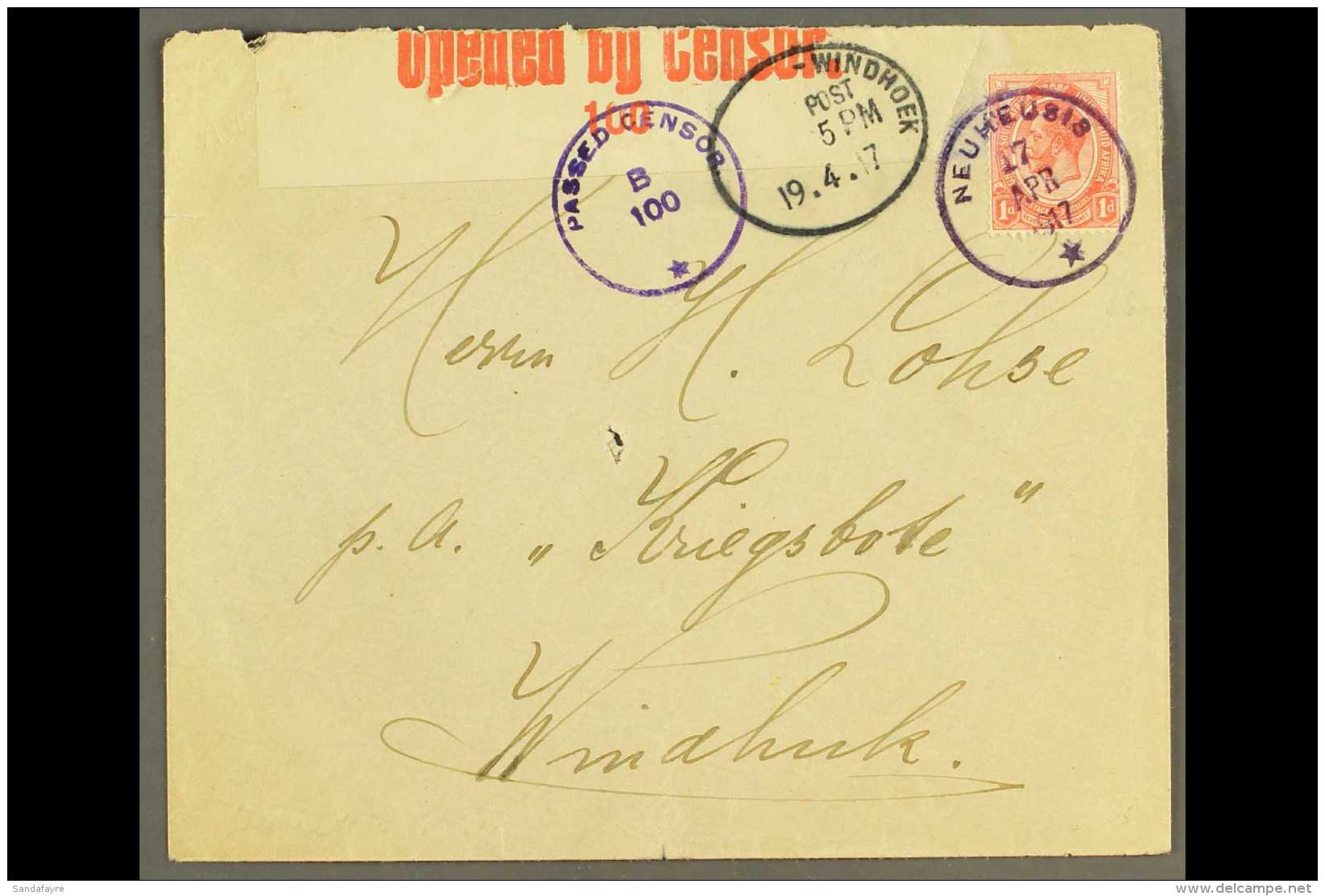 1917 (17 Apr) Cover To Windhuk Bearing 1d Union Stamp Tied By Superb "NEUHEUSIS" Violet Rubber Cds Postmark,... - Südwestafrika (1923-1990)