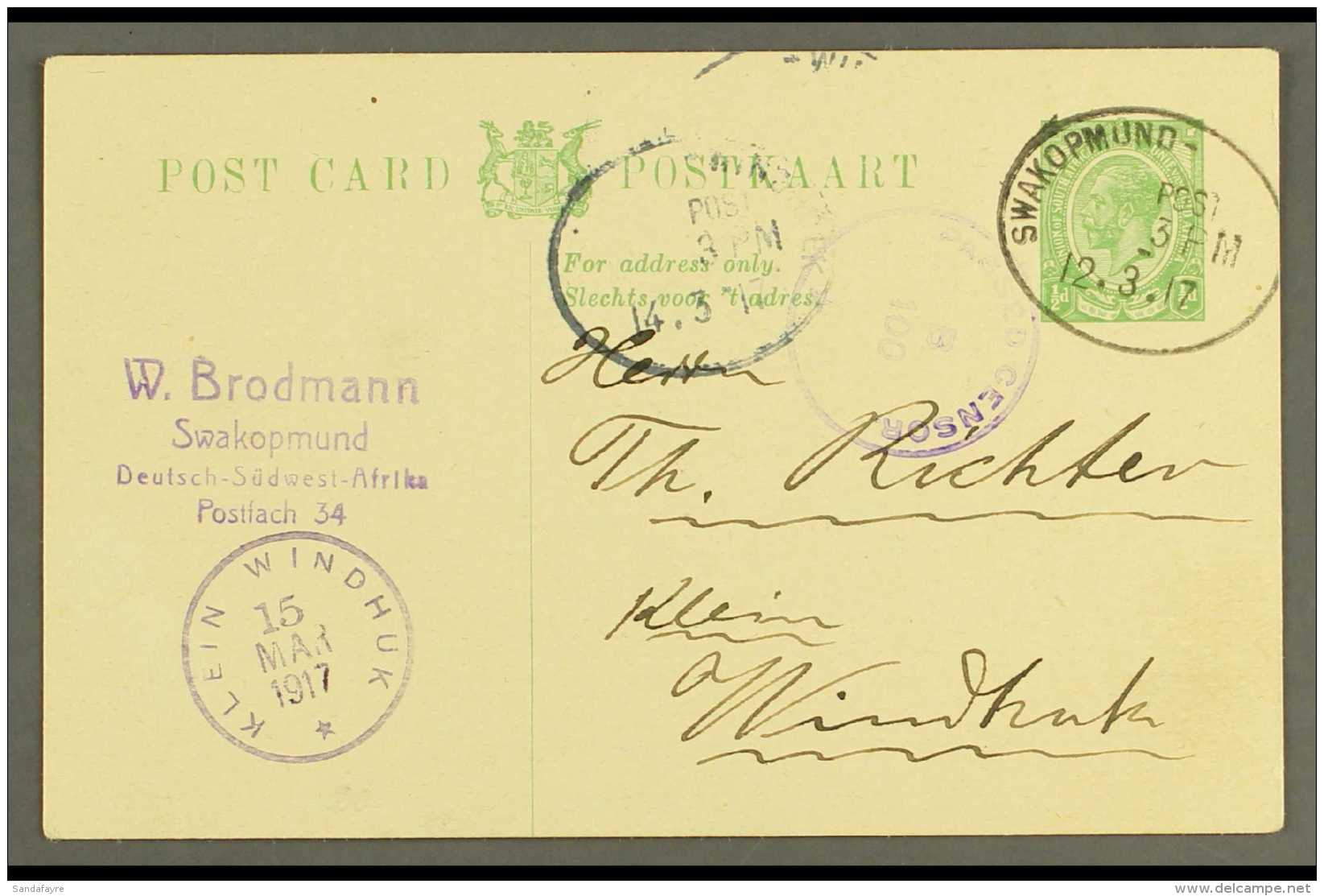 1917 (15 Mar) &frac12;d Union Postal Card To Klien Windhuk Cancelled By "SWAKOPMUND" Oval Pmk, And With Superb... - Südwestafrika (1923-1990)