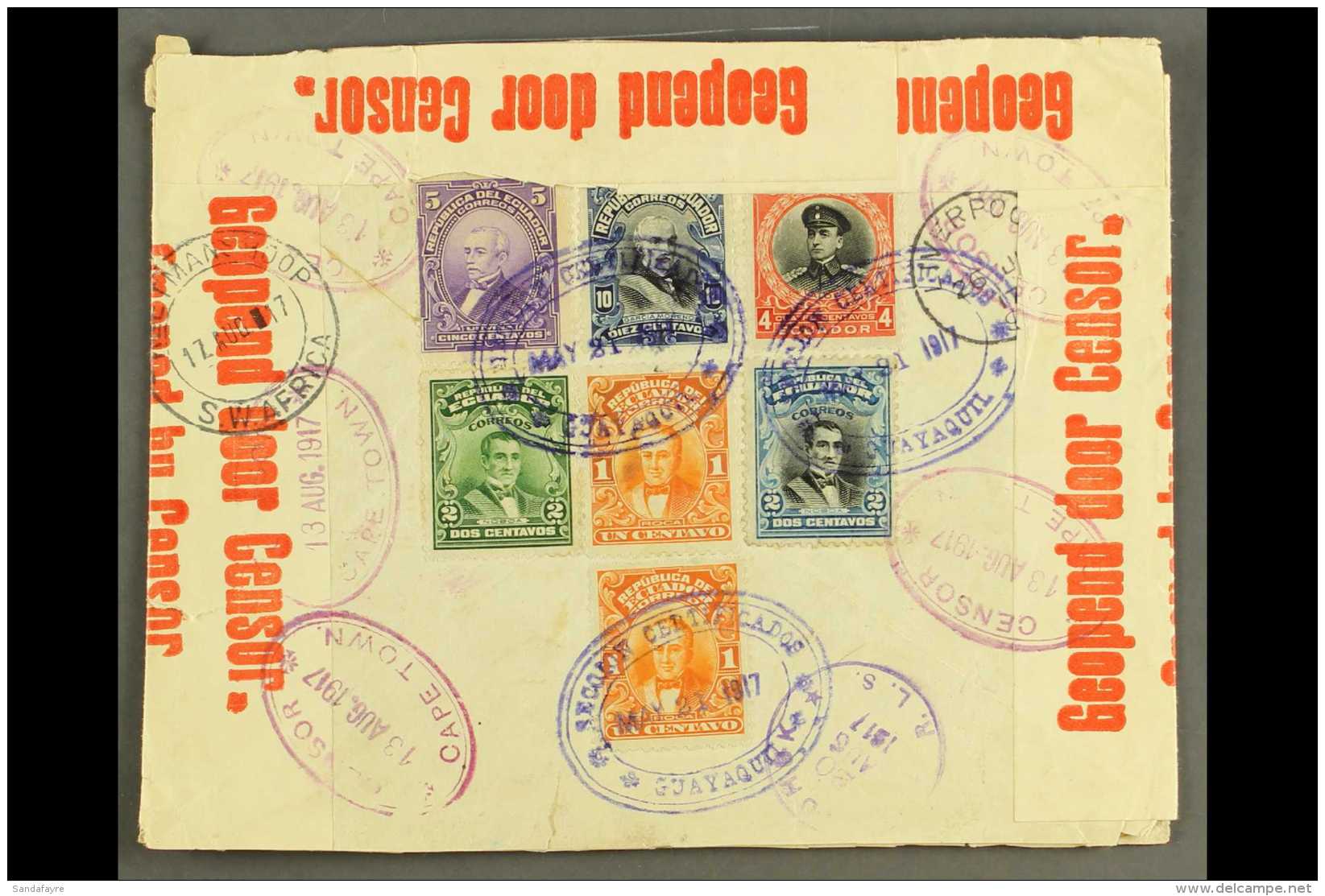 1917 (13 Aug) Attractive Registered Env From Ecuador To Keetmanshoop, Redirected Twice In SWA, Bearing On The Back... - Zuidwest-Afrika (1923-1990)