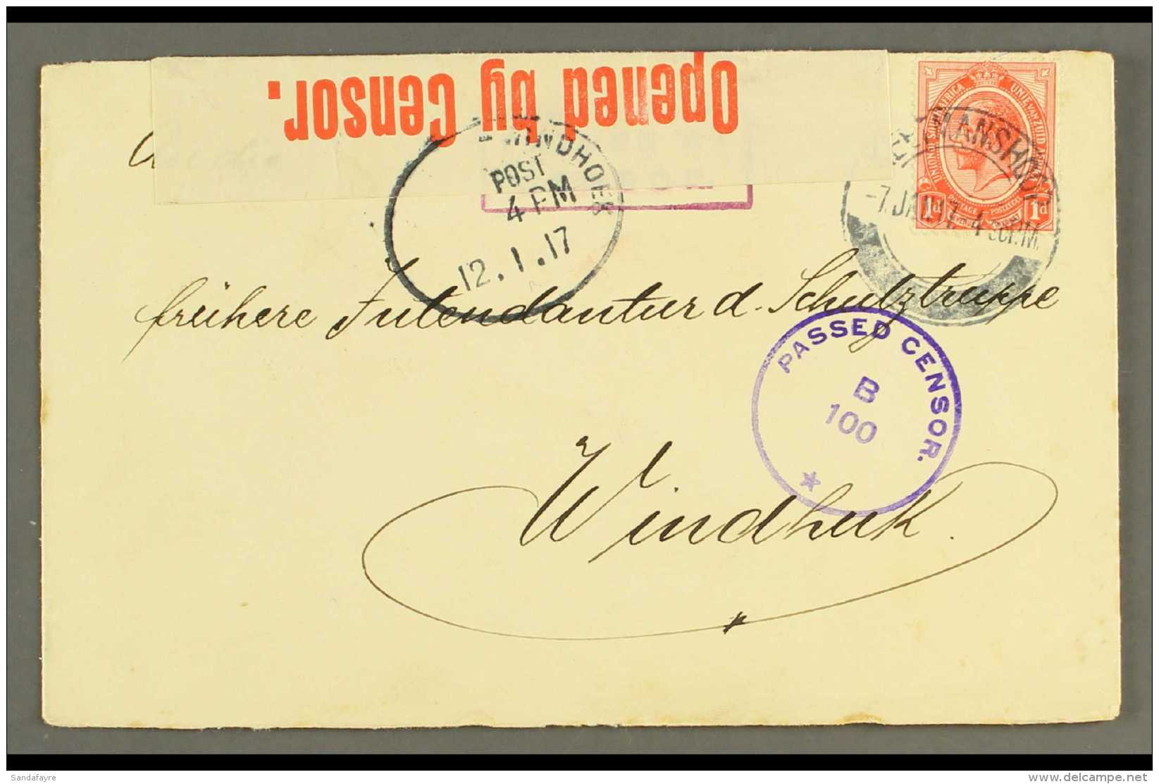 1917 (12 Jan) Cover To Windhuk Bearing 1d Union Stamp Tied By "KEETMANSHOOP" Cds Cancel, Putzel B2 Oc, With... - Südwestafrika (1923-1990)