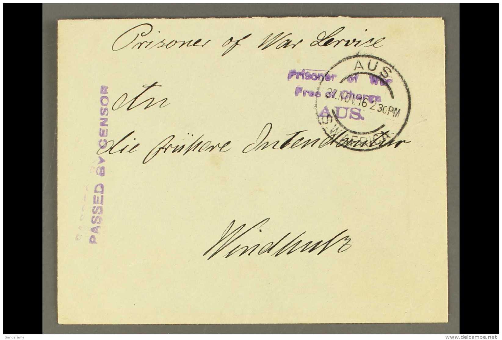 1916 (27 Nov) AUS INTERNMENT CAMP Env To Windhoek Bearing Violet "Prisoner Of War/Free Of Charge/AUS" Handstamp... - Zuidwest-Afrika (1923-1990)