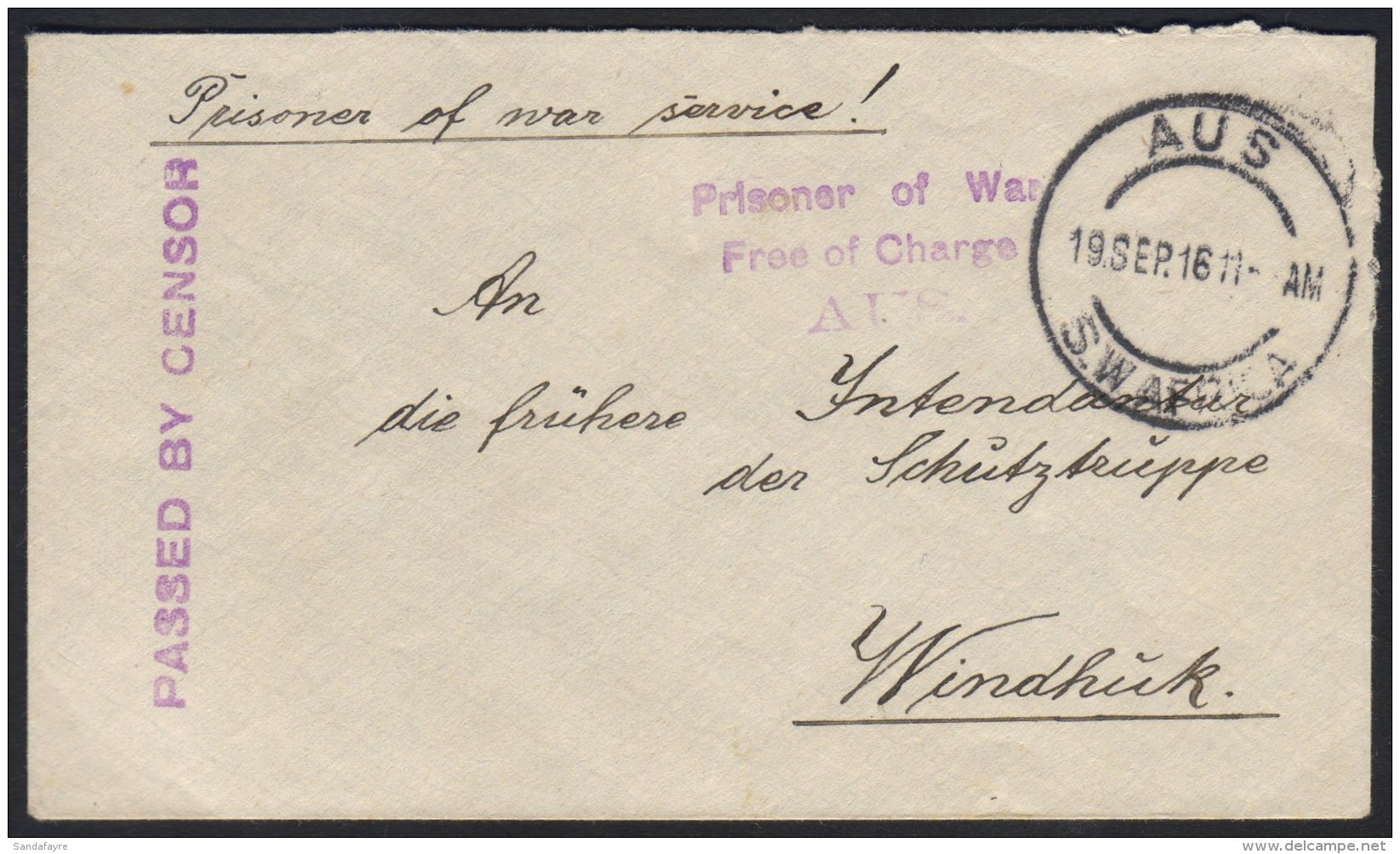 1916 (19 Sep) Stampless POW Cover To Windhoek With Fine "AUS / S.W. AFRICA" Cds Postmark, Putzel Type B3 Oc,... - Südwestafrika (1923-1990)