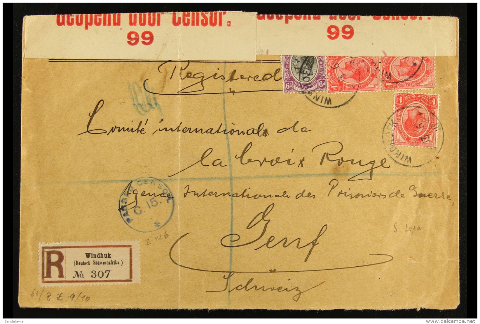 1916 (13 Jun) Registered Env To The POW Agency Of The Red Cross At Geneva, Switzerland Bearing 1d X3 And 6d Union... - Zuidwest-Afrika (1923-1990)
