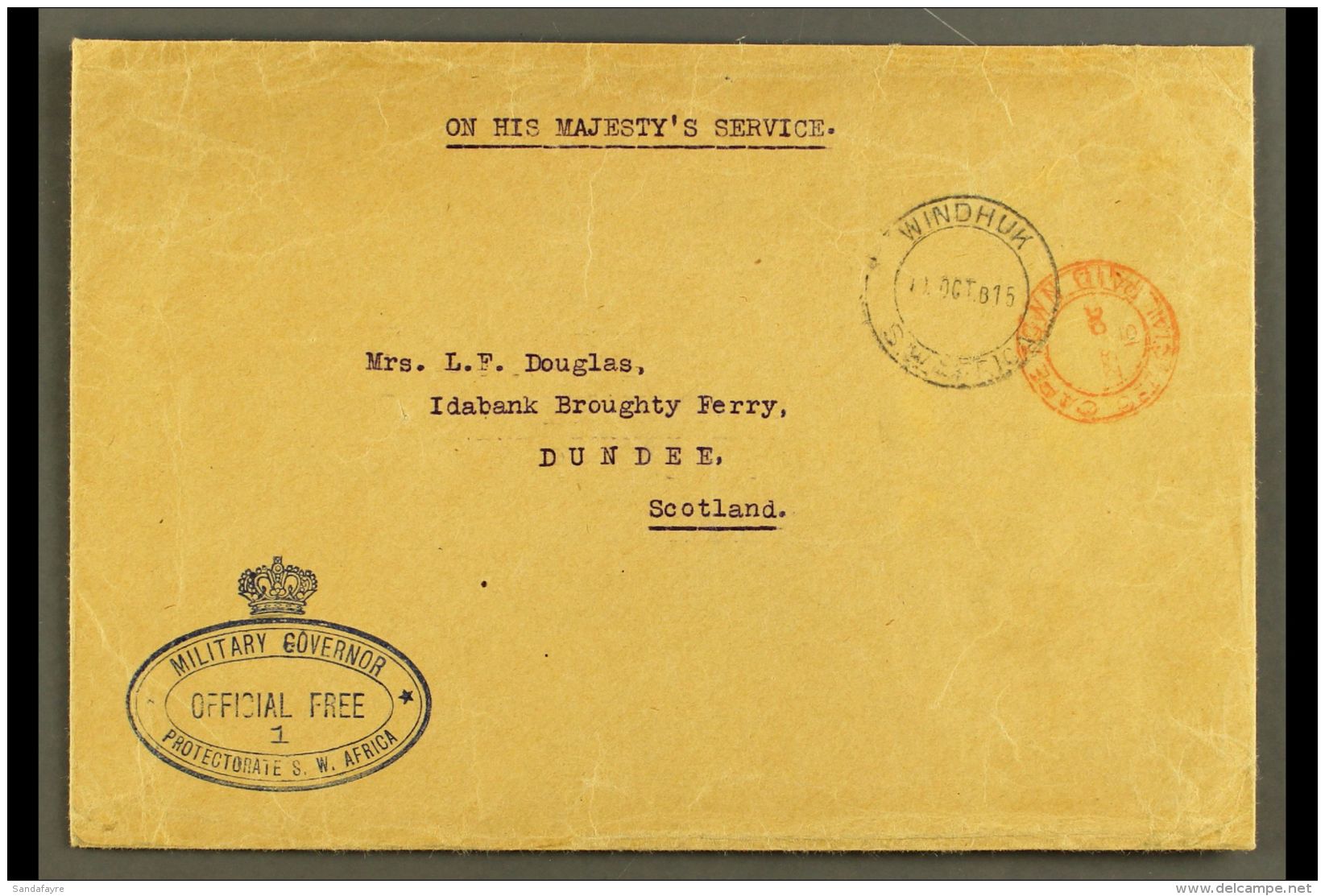 1915 (11 Oct) Stampless OHMS Cover To Scotland, Bearing "Windhuk" &amp; Red "Cape Town Official Paid" Cds's And... - Zuidwest-Afrika (1923-1990)