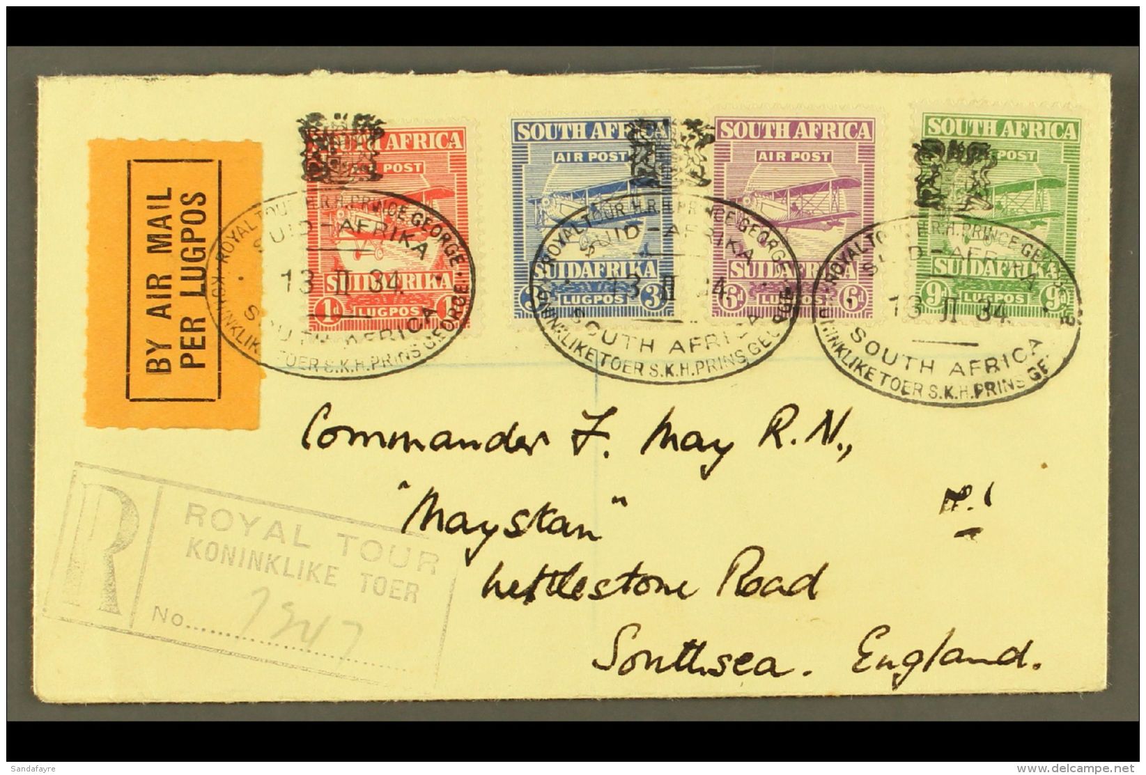 1934 ROYAL TOUR Registered &amp; Airmailed Cover To England Franked With Complete 1925 Airmails Set, Special Oval... - Zonder Classificatie