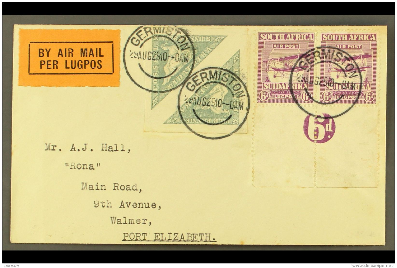 1929 (29 Aug) Airmailed Cover To Port Elizabeth, Franked With 1926 4d Triangle Pair &amp; 1925 6d Airmail Numeral... - Ohne Zuordnung