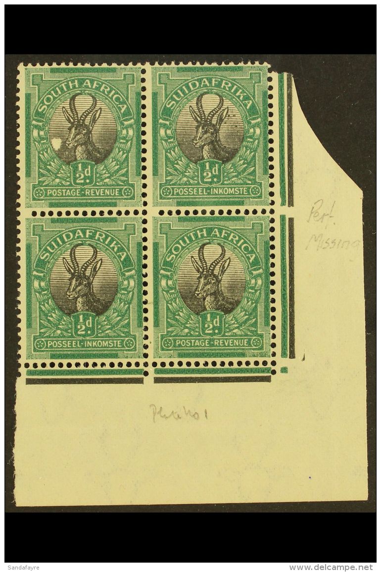 1926-7 &frac12;d Black &amp; Green, Pretoria Printing, Issue 1 Control Block Of 4 With White Mark From Paper... - Zonder Classificatie