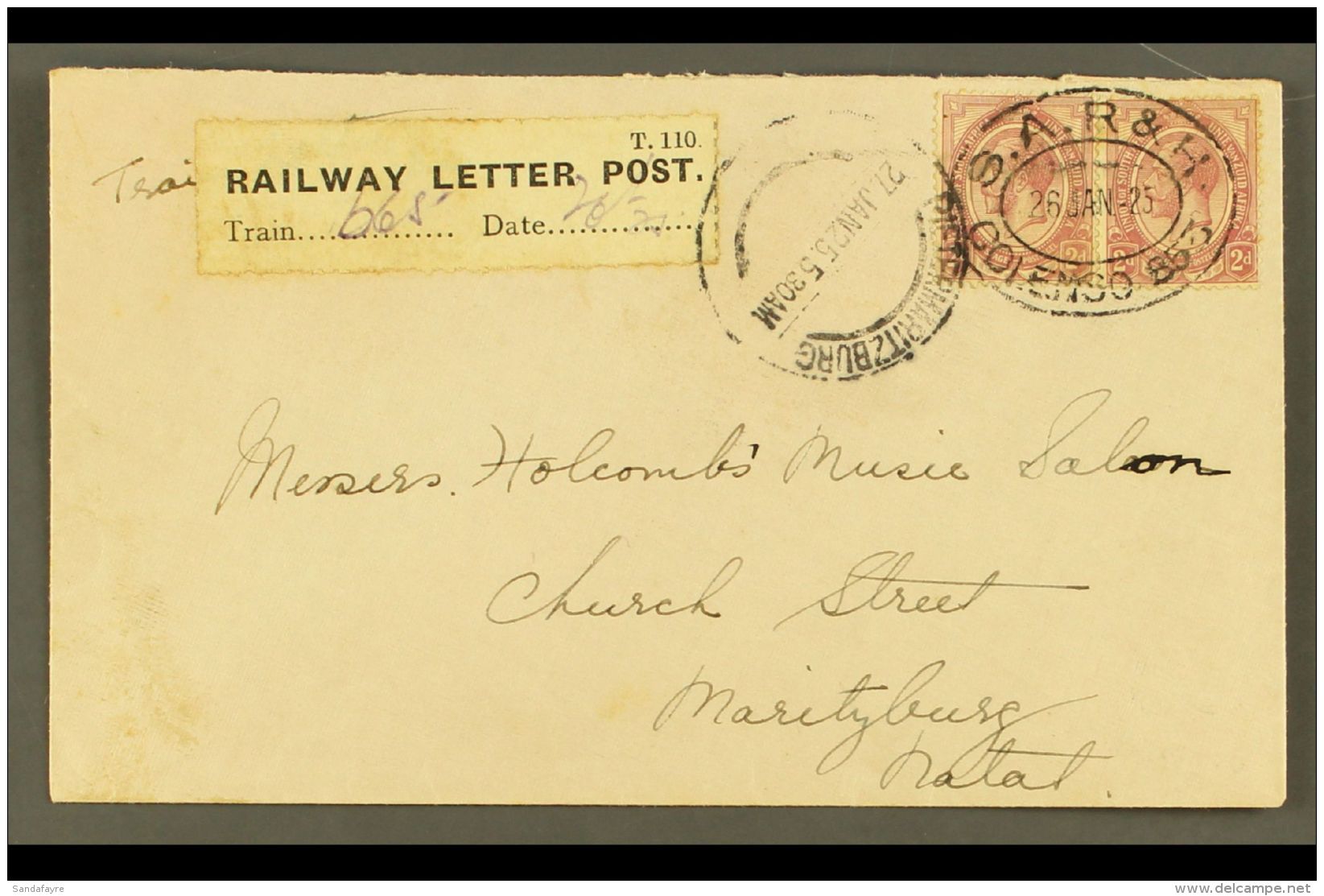 1925 RAILWAY LETTER POST COVER 2d KGV Pair On Cover, Cancelled With Oval "S.A.R. &amp; H. COLENSO 853" Postmark,... - Ohne Zuordnung