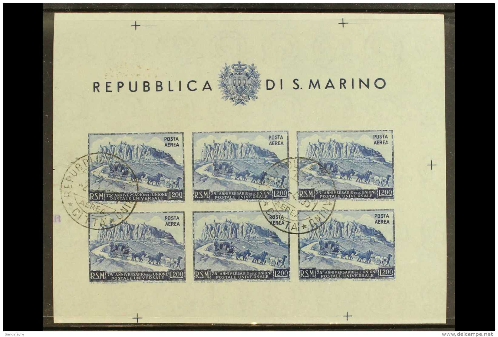 1951 200L Blue AIR UPU, Imperf Miniature Sheet, Sassone 11, Used, Small Imperfections. Cat &euro;400 (&pound;300)... - Sonstige & Ohne Zuordnung