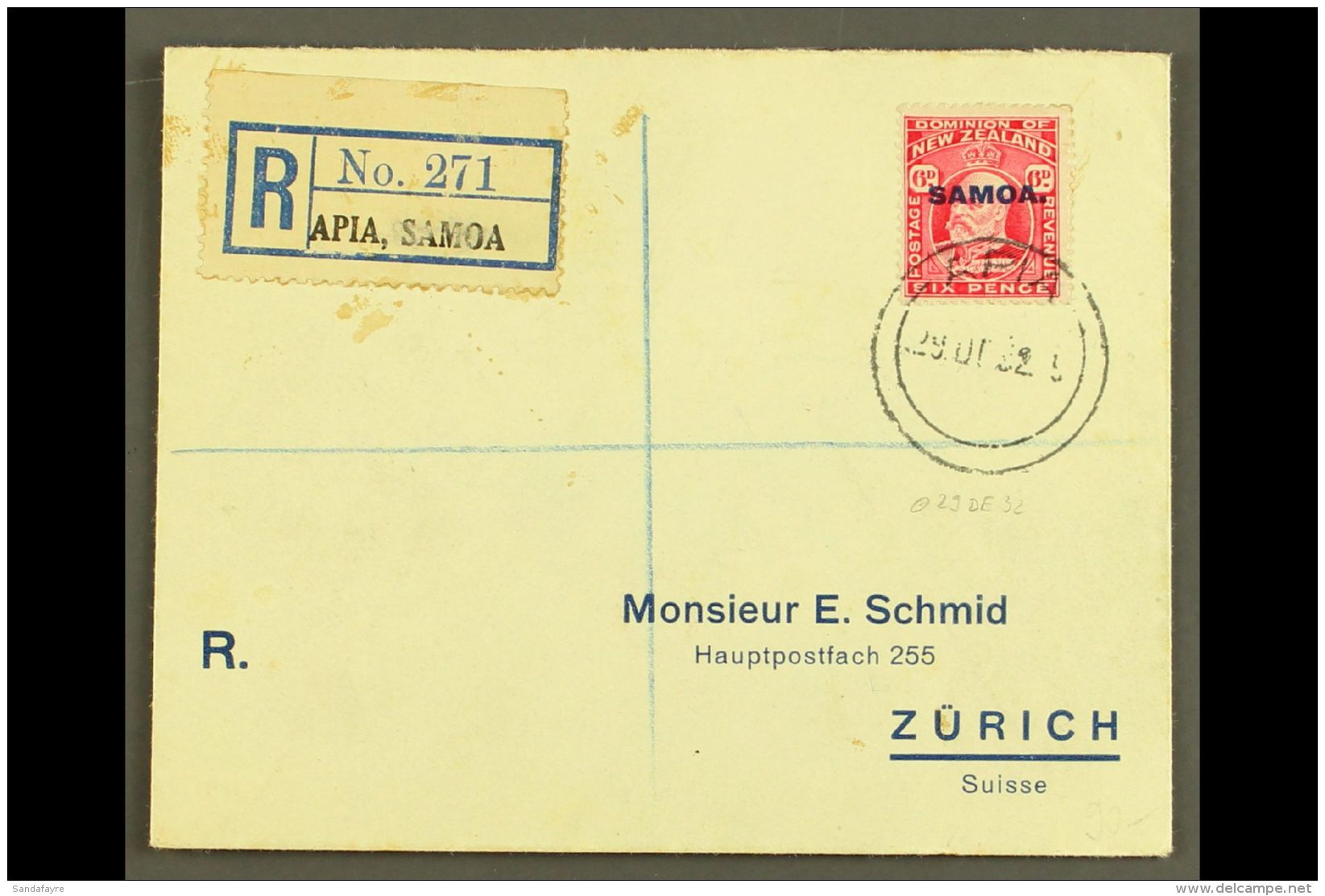 1932 6d Carmine, SG 119, Single Franking On Neat Printed, Registered Envelope To Switzerland, Tied By Apia... - Samoa (Staat)