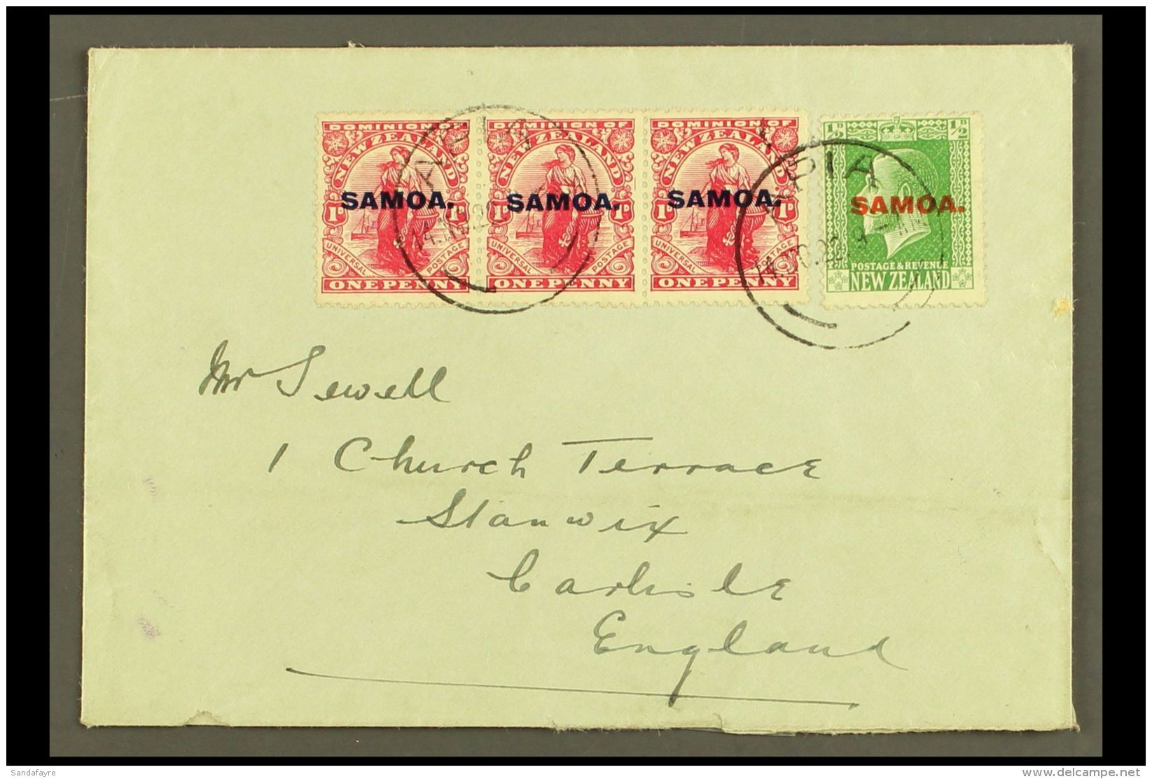 1922 Small, Plain Cover To England, Sent 3&frac12;d Rate, Franked 1d In A Strip Of 3 &amp; KGV &frac12;d , SG 116,... - Samoa (Staat)