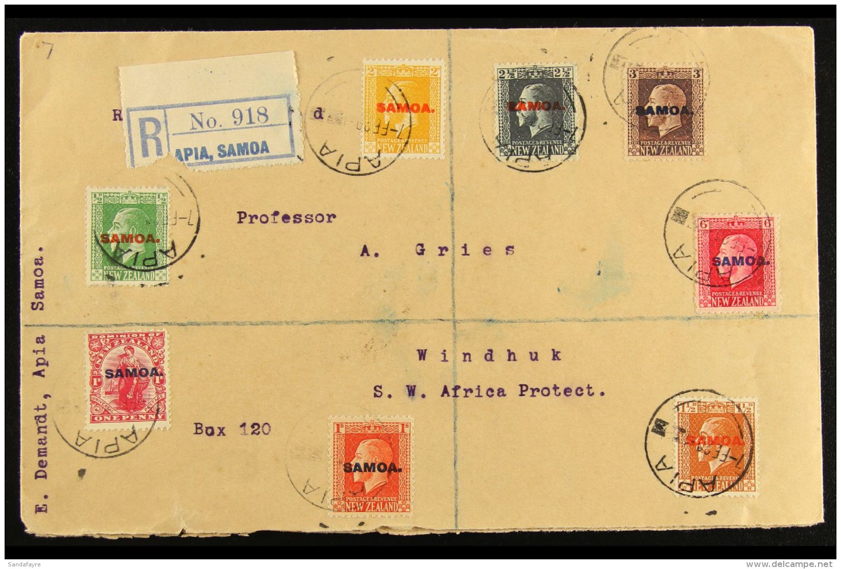 1920 REGISTERED COVER To South West Africa, Bearing Eight Different 1916-19 Opt Values To 1s. For More Images,... - Samoa