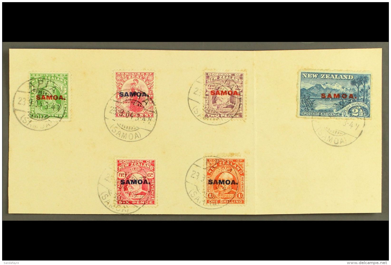 1914-15 KEVII New Zealand Overprints, Complete Set On Piece, SG 115/21, Each With ERROR OF DATE Strike Of "APIA"... - Samoa (Staat)