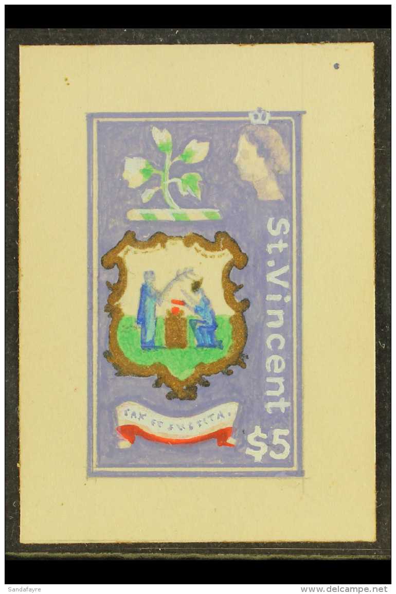 1965 ORIGINAL ARTWORK A Delightful "stamp Sized" Miniature Painting In Watercolour On Card Featuring The "Arms Of... - St.Vincent (...-1979)