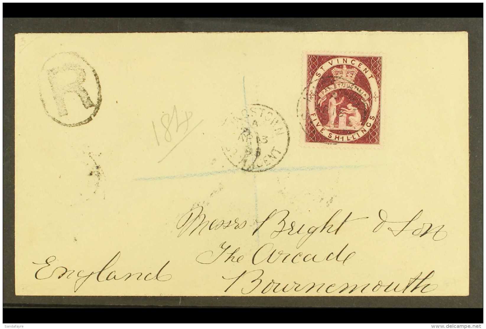 1895 Registered Cover To Bournemouth Franked 1888 5s Lake, SG 53, Tied By Neat Kingstown St Vincent April 95 Cds.... - St.Vincent (...-1979)