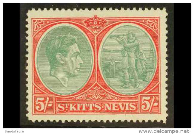 1938-50 5s Bluish Green &amp; Scarlet, Ordinary Paper, Perf.14, "Break In Value Tablet Frame" Variety, SG 77ba,... - St.Kitts Und Nevis ( 1983-...)