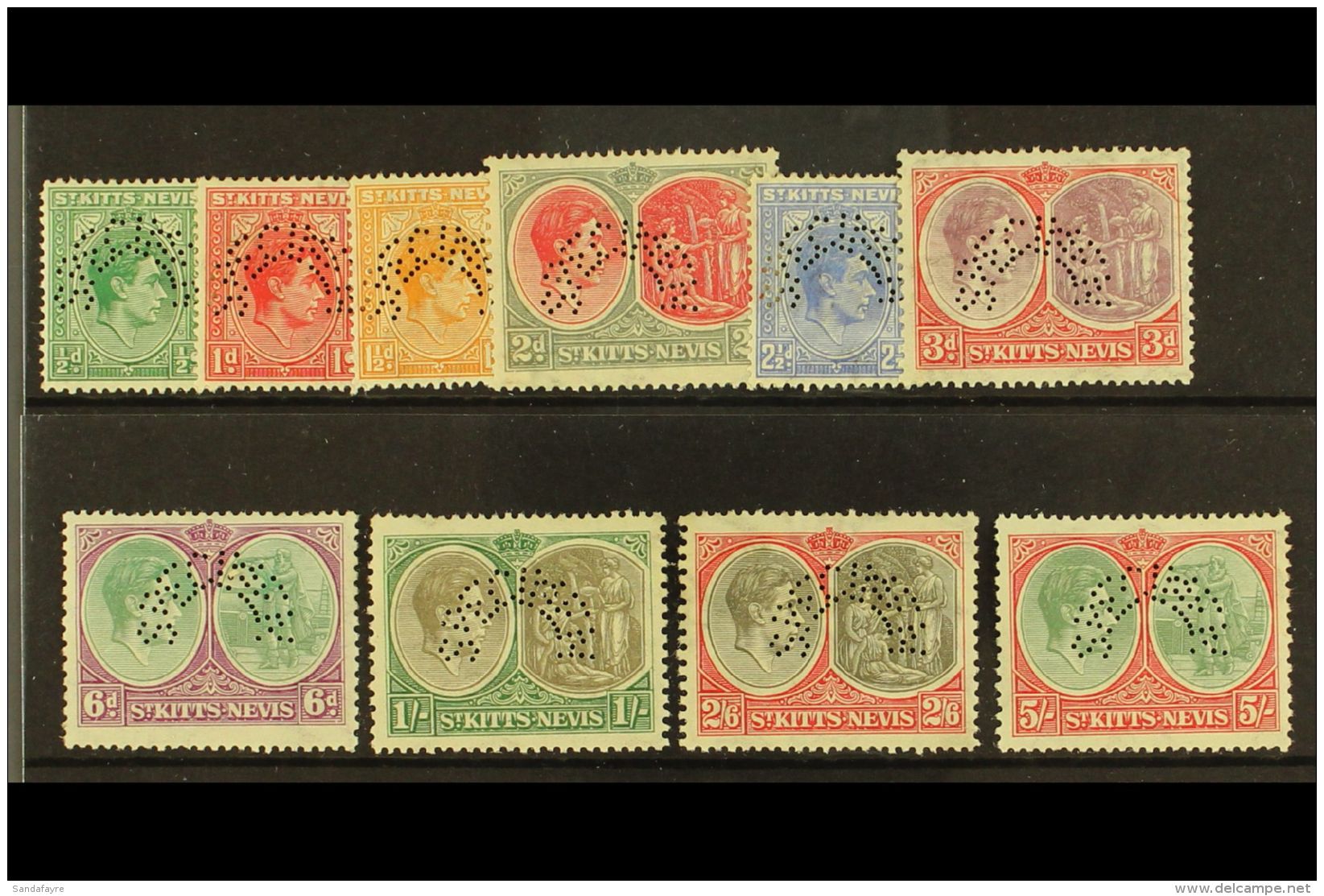 1938 Geo VI Set Perforated "Specimen", Complete, SG 68s/77s, Fine Mint Og. (10 Stamps) For More Images, Please... - St.Kitts Und Nevis ( 1983-...)