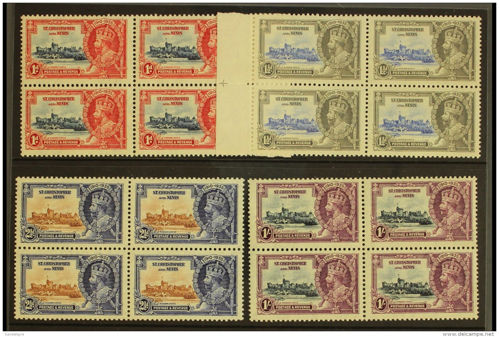 1935 Silver Jubilee Complete Set, SG 61/64, As Mint BLOCKS OF FOUR, Gum Toning But NEVER HINGED. (4 Blocks, 16... - St.Kitts Und Nevis ( 1983-...)