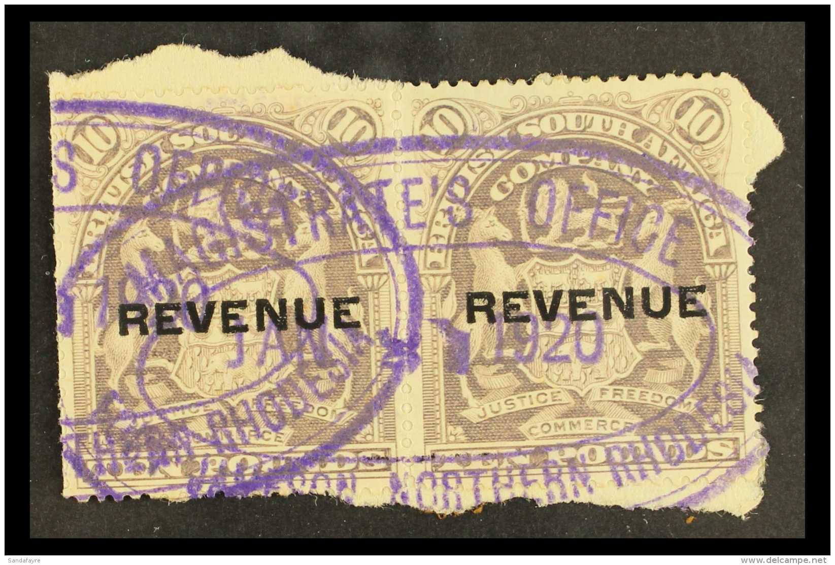 REVENUE STAMPS 1907 "REVENUE" Overprinted &pound;10 Lilac, Barefoot 22, Horiz Pair Fine Used With Violet Oval... - Andere & Zonder Classificatie