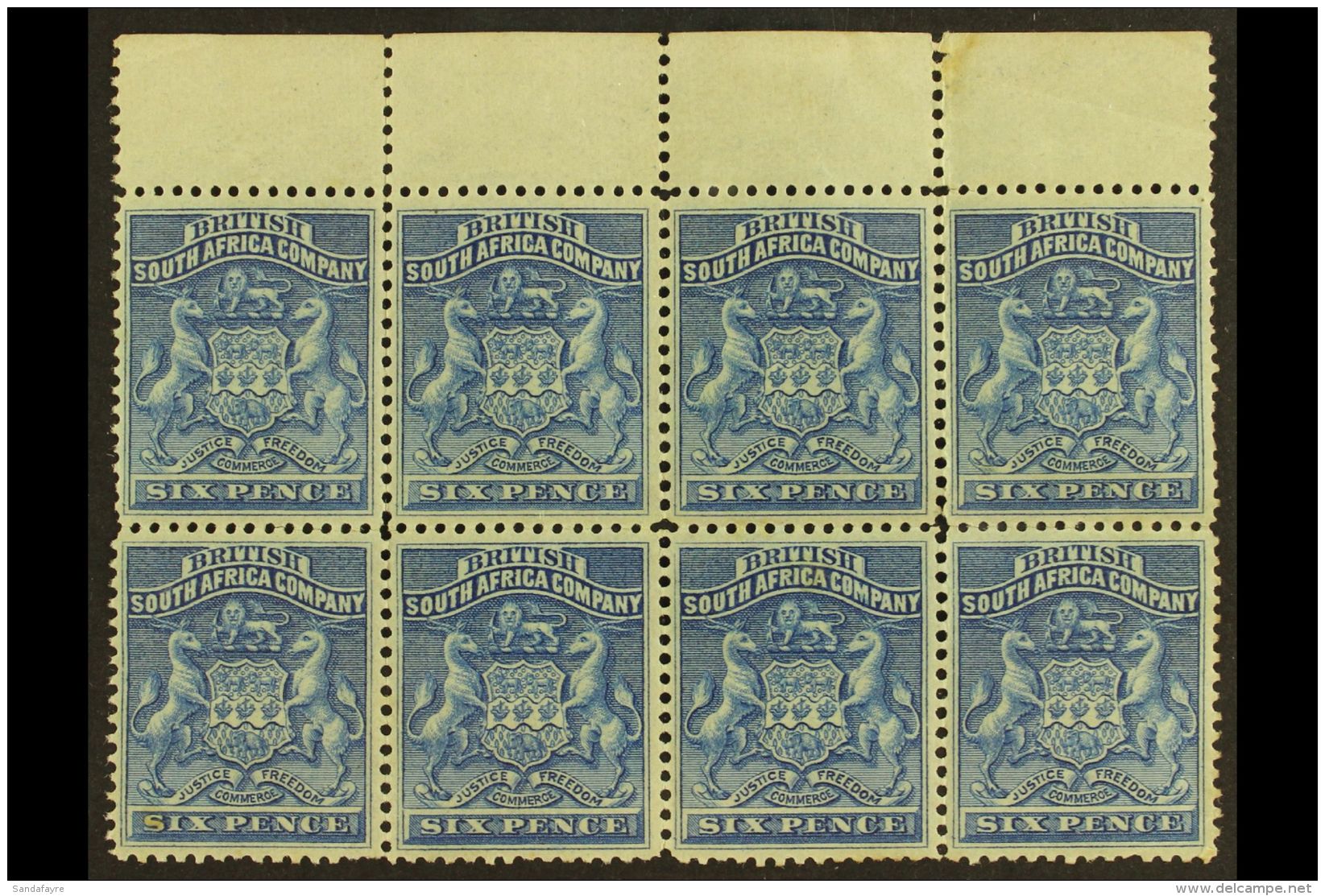 1892-93 6d Deep Blue, SG 3, Mint Upper Marginal Corner BLOCK Of 8, Fresh Colours, Cat &pound;400. (8 Stamps) For... - Andere & Zonder Classificatie