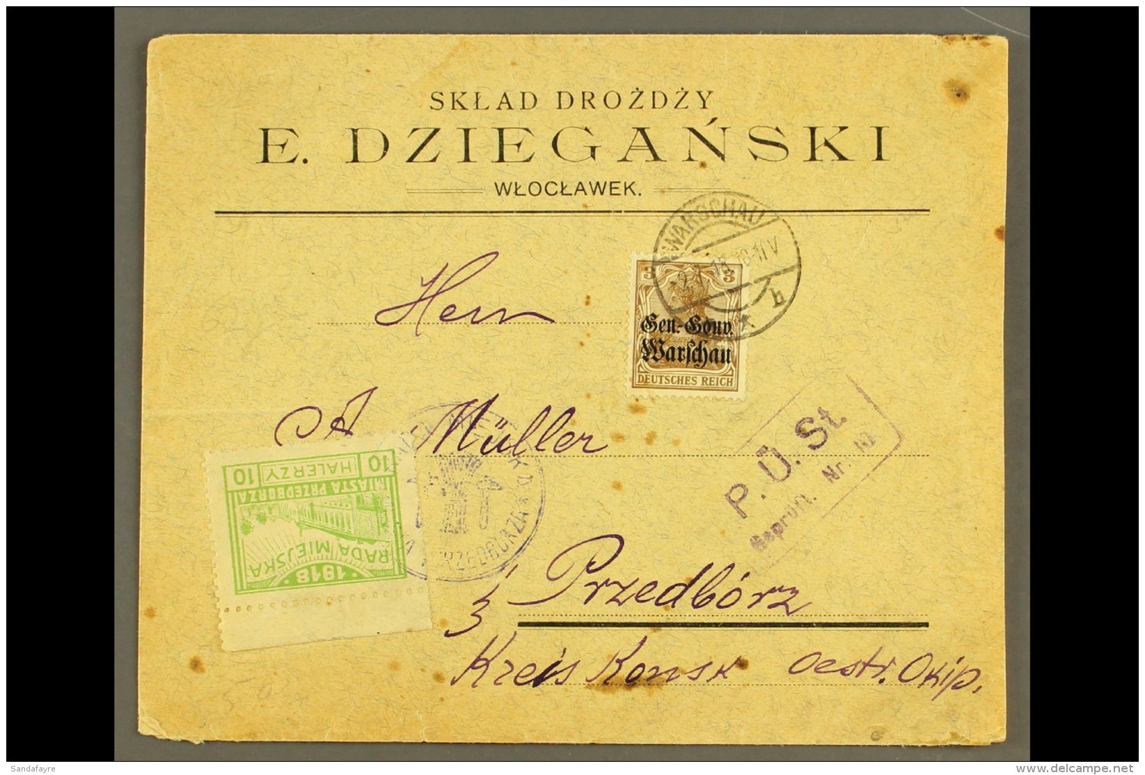 LOCAL TOWN POST PRZEDBORZ 1918 (2 July) Censored Cover Bearing Gen-Gouv Warschau 3pf Stamp Tied By "Warschau" Cds,... - Other & Unclassified