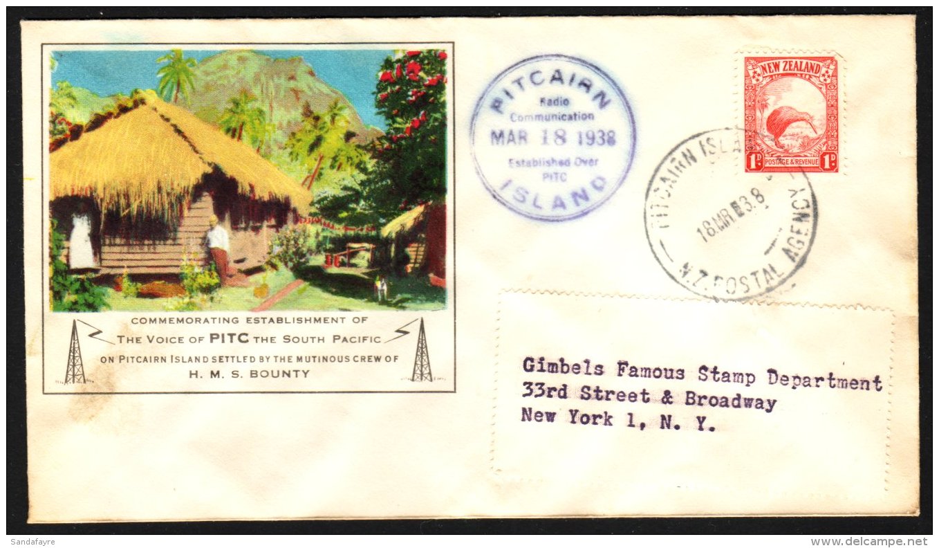 1938 (18 Mar) Illustrated "Pitcairn Radio" Cover To USA Bearing N.Z. 1d Kiwi Tied By "PITCAIRN ISLAND / N.Z.... - Pitcairneilanden