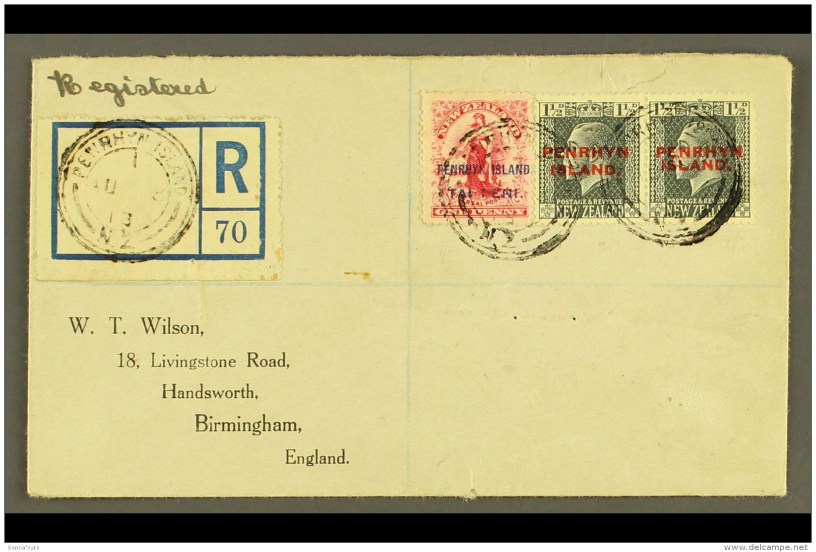 1918 COVER TO ENGLAND Bearing 1917-20 1&frac12;d Slate Horizontal Pair Showing Both Wide And Narrow Spacing, SG... - Penrhyn