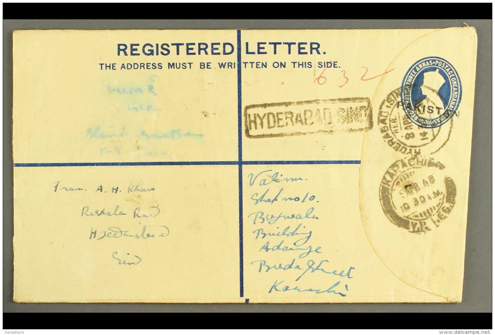 1948 (8 Apr) 4&frac12;a Registered Stationery Envelope With "PAKISTAN" Nasik Overprint (26&frac14; X 3mm), On... - Pakistan