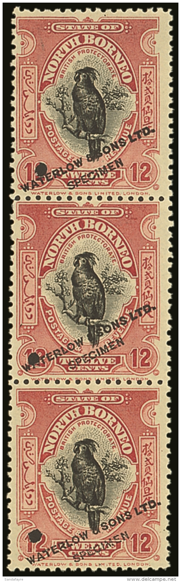 1925/8 12c Cockatoo, (as SG 285), In Black And Red, Perforated Colour Trial, Vertical Strip Of 3, Each With Small... - Nordborneo (...-1963)