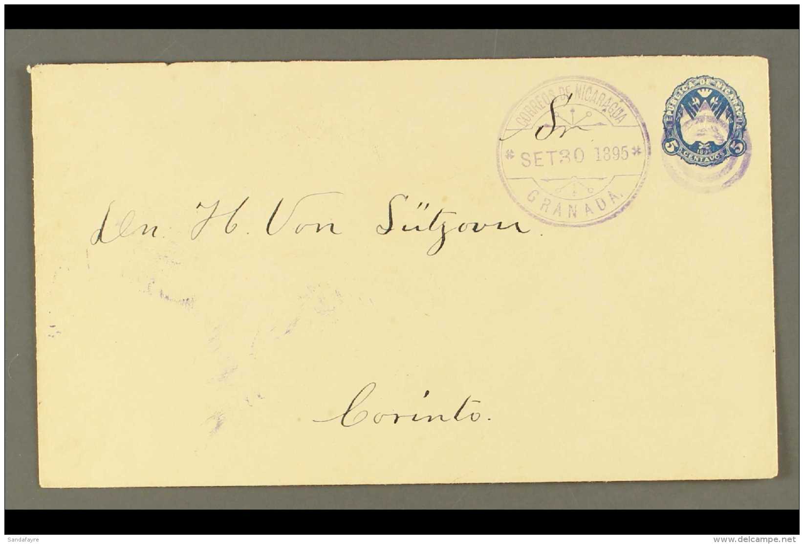 POSTAL STATIONERY 1895 5c Blue Envelope, H&amp;G 29, Very Fine Commercially Used With "Granada / 30 SEP 1895"... - Nicaragua