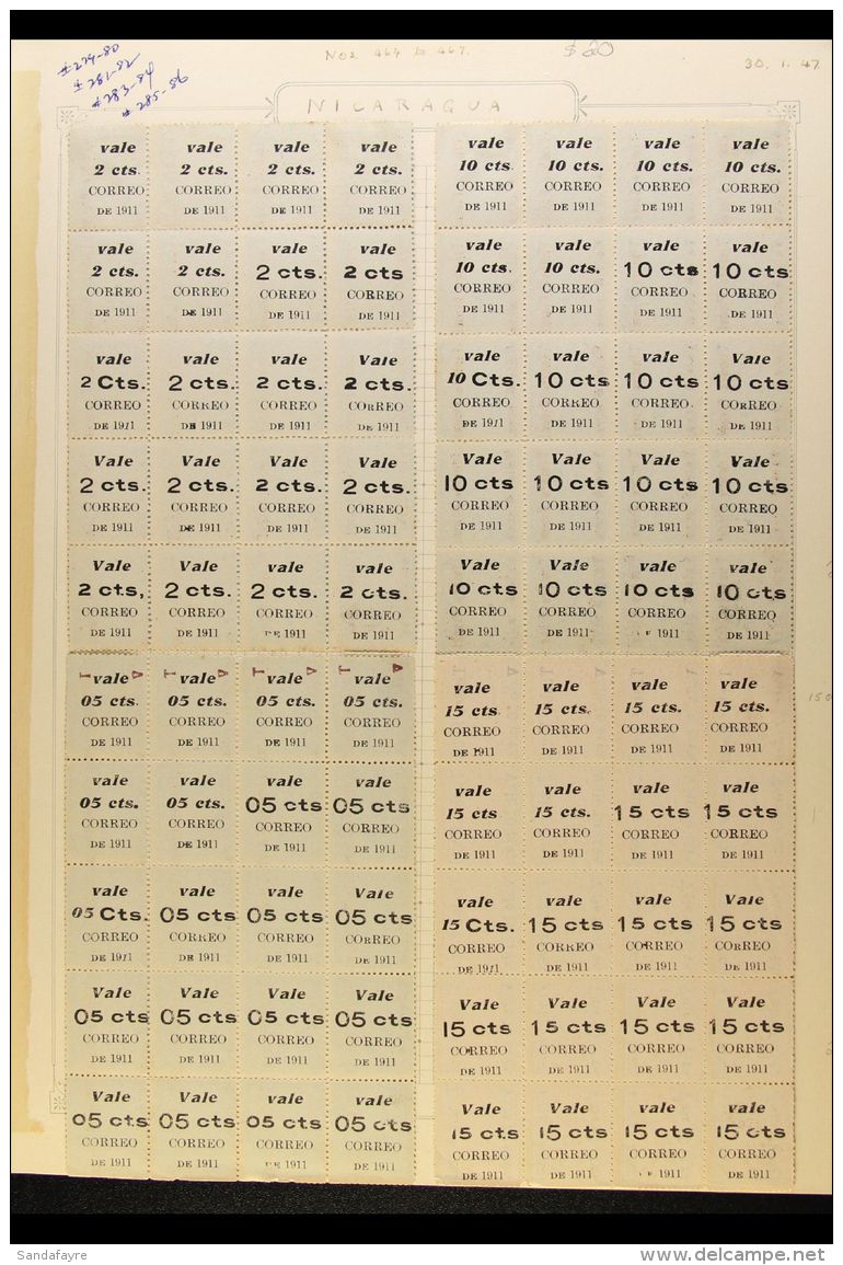 1911 SURCHARGES COMPLETE PANES. Fine Unused No Gum As Issued Group Of Various Surcharges On Railroad Coupon Stamps... - Nicaragua