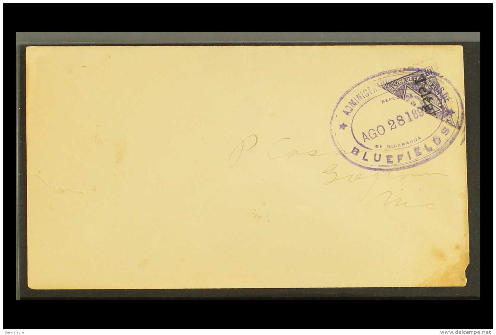 1899 (Aug 24) Cover To Greytown Bearing 1898 10c Violet Telegraph BISECT Tied By Bluefields Violet Oval Datestamp;... - Nicaragua