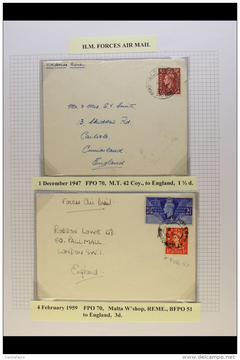 H.M. FORCES AIR MAIL 1947 And 1959 Covers To England Bearing Stamps Tied By FPO Cancels. (2 Covers) For More... - Malta (...-1964)