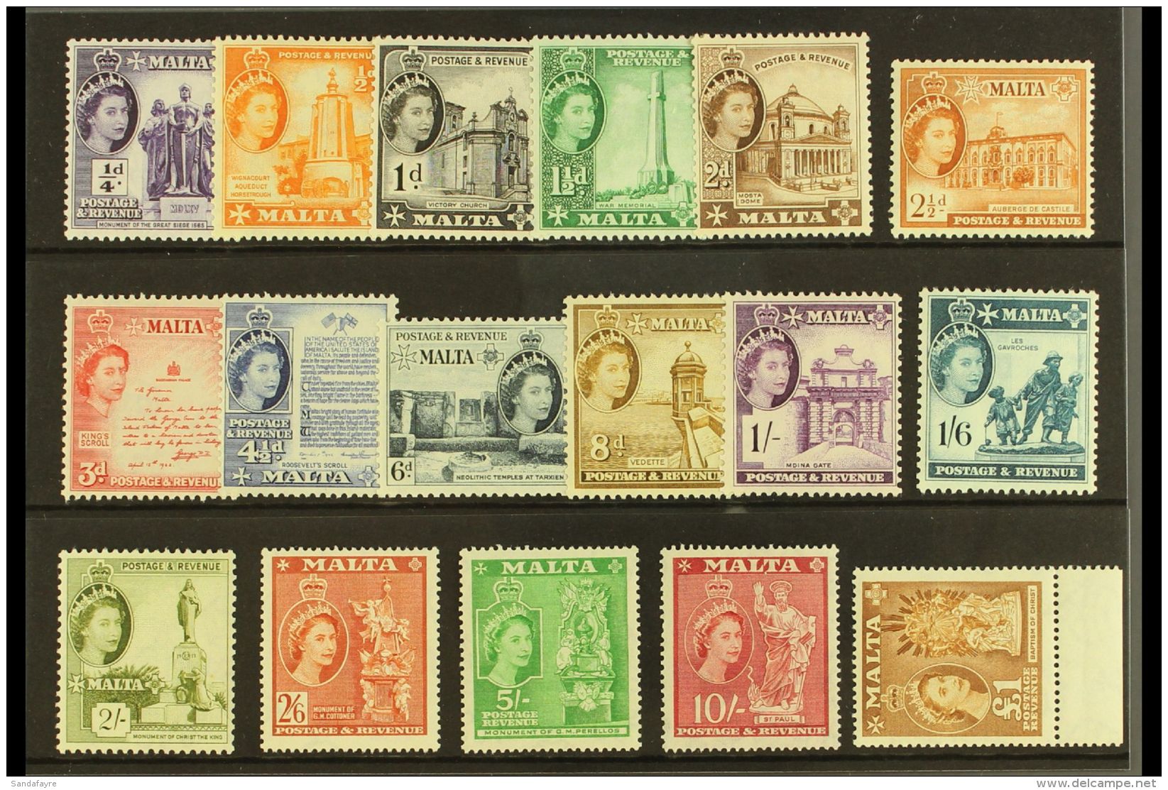 1956-58 QEII Definitive Set, SG 266/82, Superb, Never Hinged Mint (17 Stamps) For More Images, Please Visit... - Malta (...-1964)
