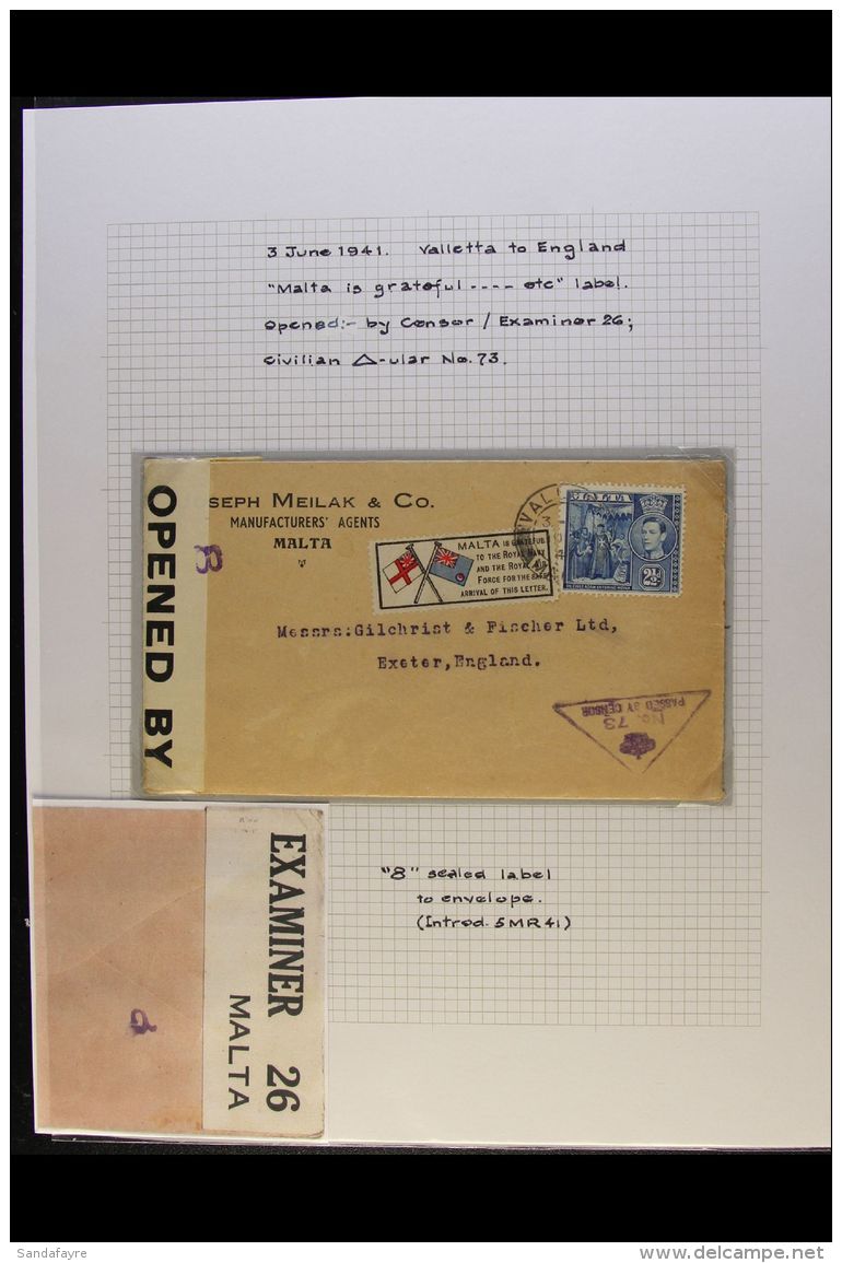 1941 (3 JUN)  CENSORED COVER TO ENGLAND Bearing 2&frac12;d Tied Valletta Cds, And With "Malta Is Grateful To The... - Malta (...-1964)
