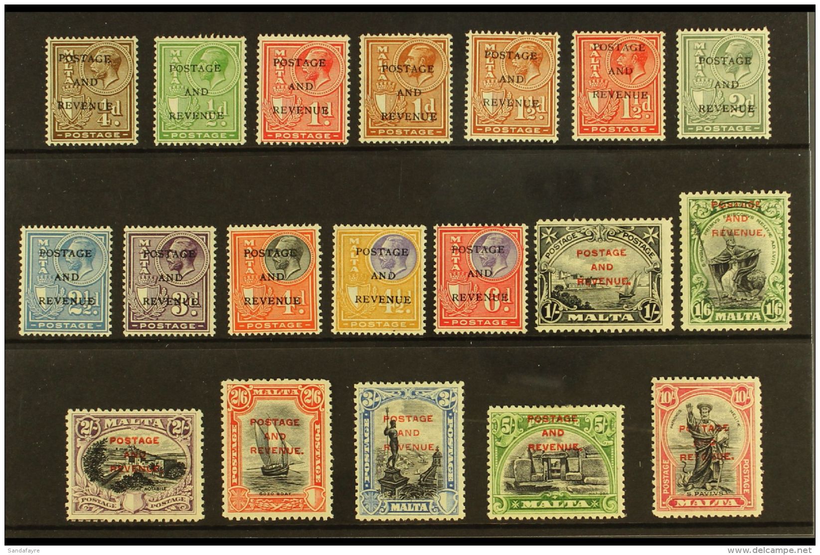 1928 "POSTAGE AND REVENUE" Overprints Complete Definitive Set, SG 174/192, Fine Mint. (19 Stamps) For More Images,... - Malta (...-1964)