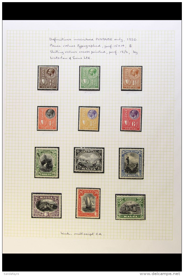 1926-27 Inscribed "POSTAGE" Complete Definitive Set, SG 157/172, Fine Mint, Nicely Written Up On Pages, Includes... - Malta (...-1964)