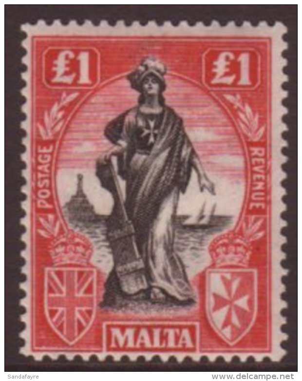 1925 &pound;1 Black &amp; Bright Carmine, SG 140, Lightly Hinged Mint. For More Images, Please Visit... - Malta (...-1964)