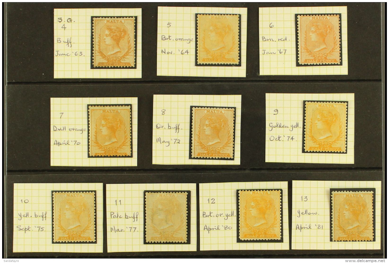 1863-81  &frac12;d PERF 14 SHADES COMPLETE A Complete Mint Or Unused Collection Of The &frac12;d Perf 14 Shades,... - Malte (...-1964)