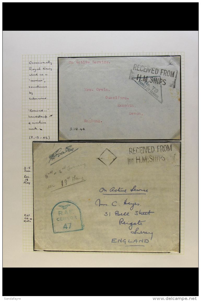 "RECEIVED FROM H.M. SHIPS" Two Line Cachets On A Pair Of World War Two Stampless "Active Service" Covers To... - Malta (...-1964)