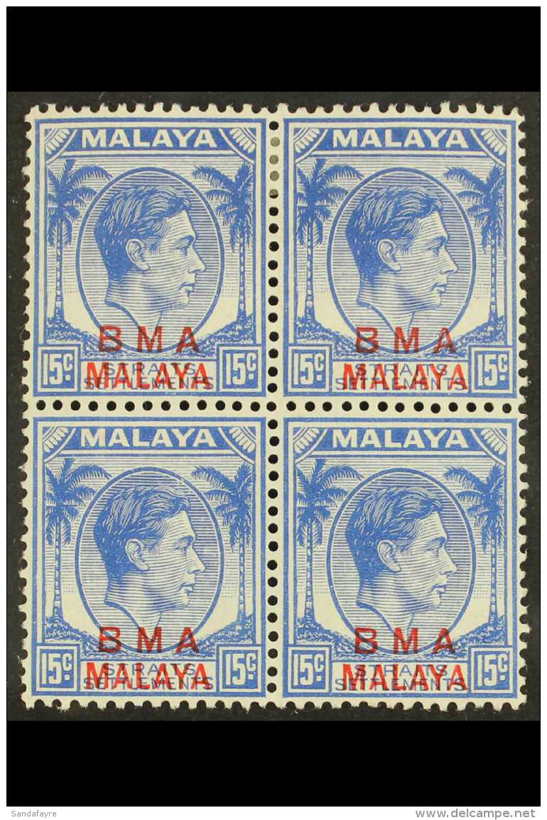 1945-48 15c Bright Ultramarine "BMA Malaya" Overprint In Red On Chalky Paper, SG 12, Very Fine Mint (two Stamps... - Malaya (British Military Administration)