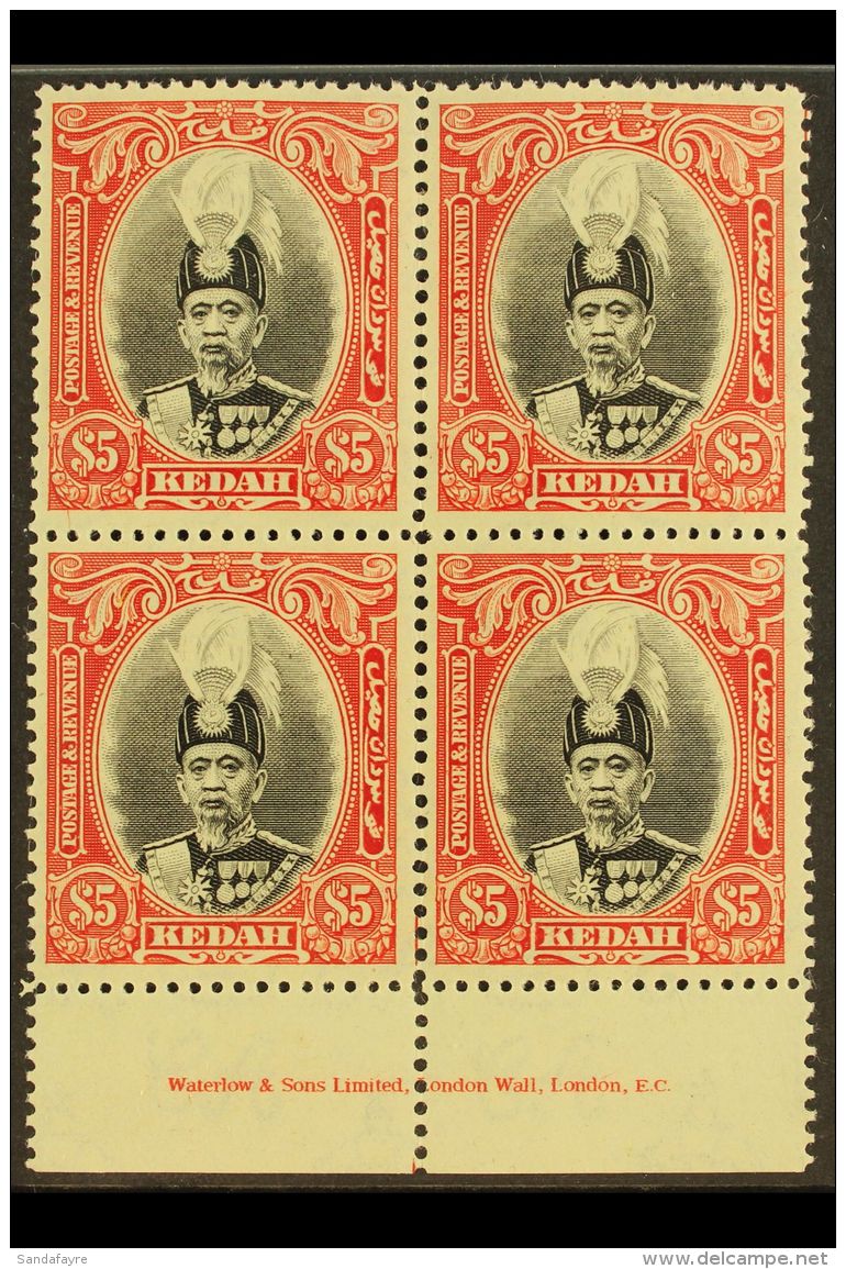 KEDAH 1937 $5 Black And Scarlet, SG 68, Never Hinged Mint IMPRINT BLOCK OF FOUR With Slightly Dried Gum.... - Sonstige & Ohne Zuordnung